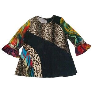 Caleooa Bohohemian Tunic Top Women's 2X Cheetah Colorful Stretch Festival Blouse